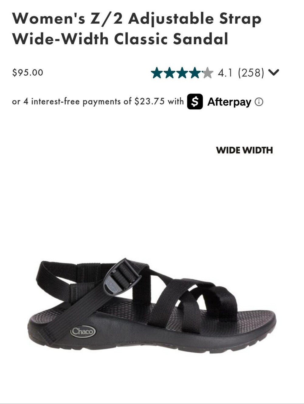 Chaco Women's Black Z/2 Wide-Width Adjustable Strap Sandal Sz 9W